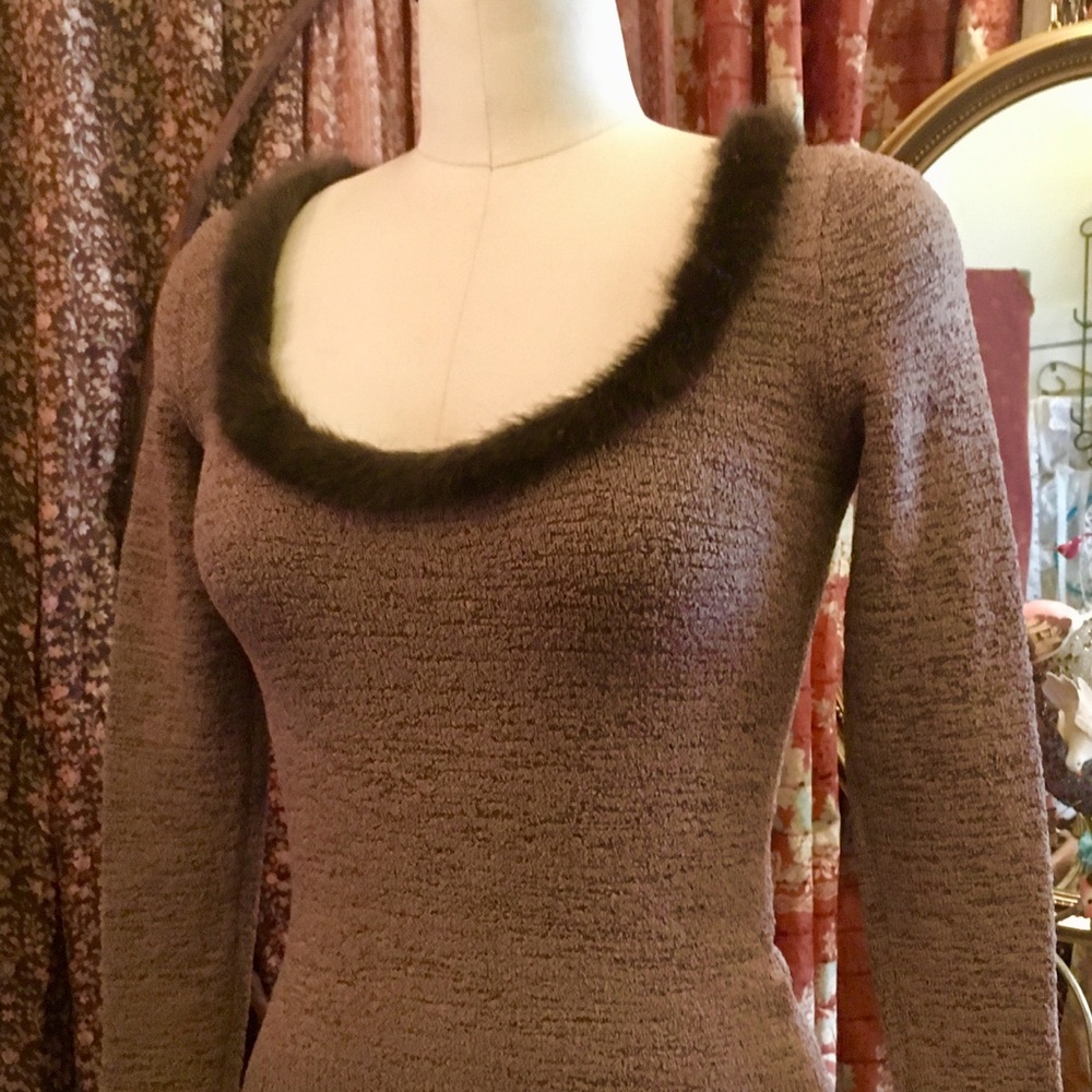 Bettie Paige Taupe Top With Fur Neckline